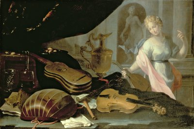 Still Life of Musical Instruments, with a Female Figure by Evaristo Baschenis